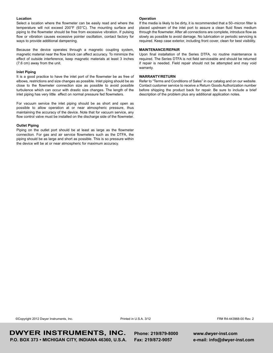 Dwyer instruments, inc | Dwyer DTFA User Manual | Page 2 / 2