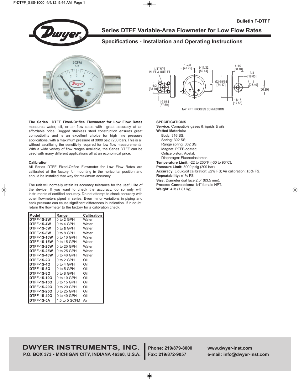 Dwyer DTFF User Manual | 2 pages