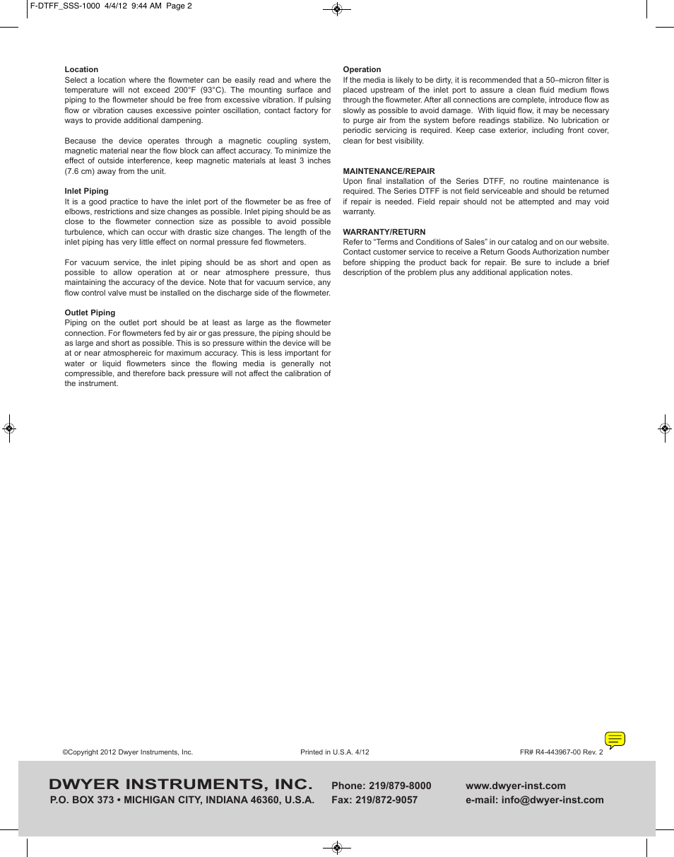 Dwyer instruments, inc | Dwyer DTFF User Manual | Page 2 / 2