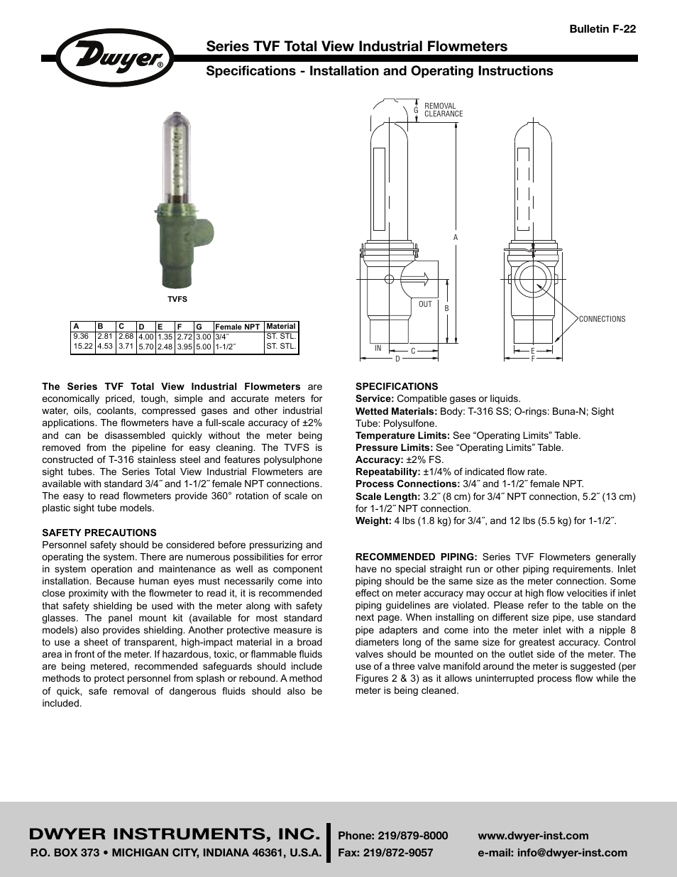 Dwyer TVF User Manual | 8 pages