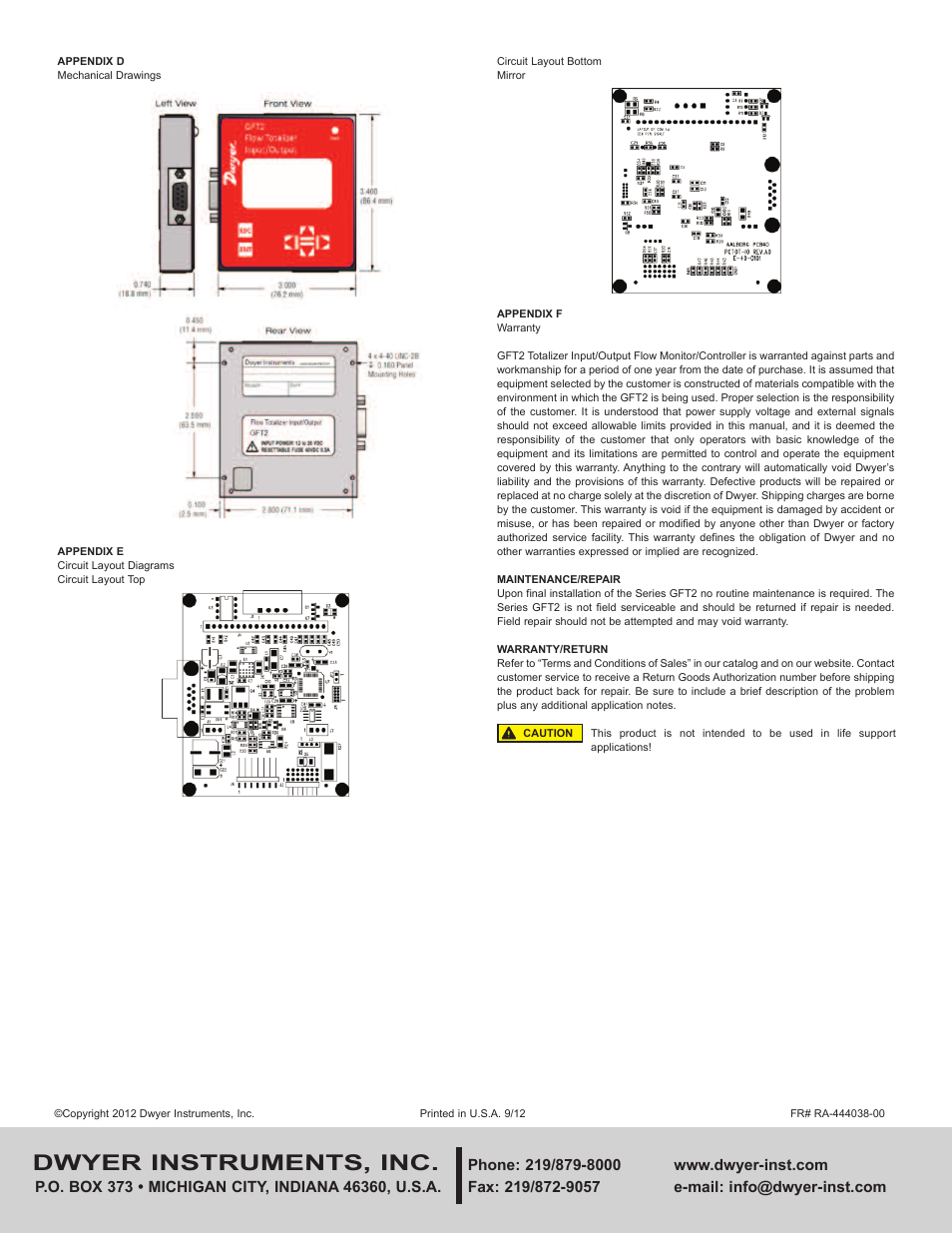 Dwyer instruments, inc | Dwyer GFT2 User Manual | Page 26 / 26