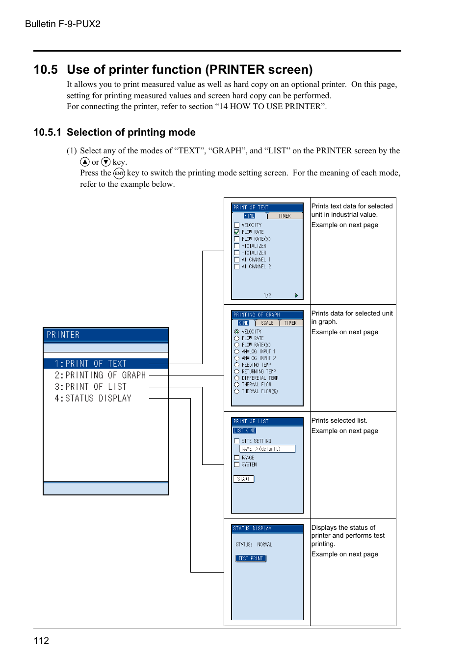 5 use of printer function (printer screen), 1 selection of printing mode | Dwyer PSX2 User Manual | Page 121 / 189