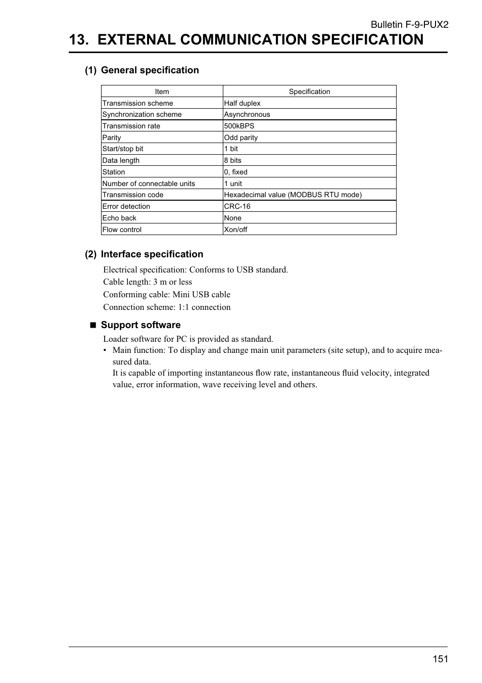 External communication specification, 1) general speciﬁ cation, 2) interface speciﬁ cation | Support software, Bulletin f-9-pux2 | Dwyer PSX2 User Manual | Page 160 / 189