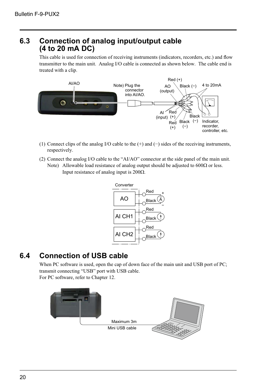 4 connection of usb cable, Ao ai ch1 ai ch2, Bulletin f-9-pux2 | Dwyer PSX2 User Manual | Page 29 / 189