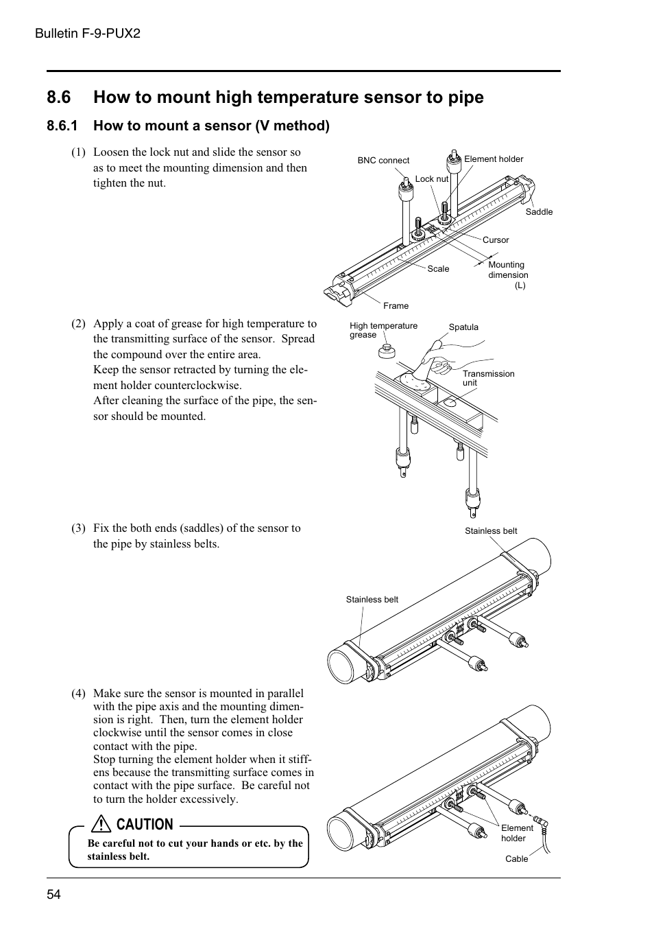 6 how to mount high temperature sensor to pipe, 1 how to mount a sensor (v method, Caution | 1 how to mount a sensor (v method), Bulletin f-9-pux2 | Dwyer PSX2 User Manual | Page 63 / 189