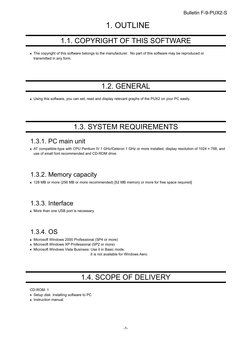 Copyright of this software, General, System requirements | Pc main unit, Memory capacity, Interface, Scope of delivery, Outline | Dwyer PUX2 User Manual | Page 3 / 43