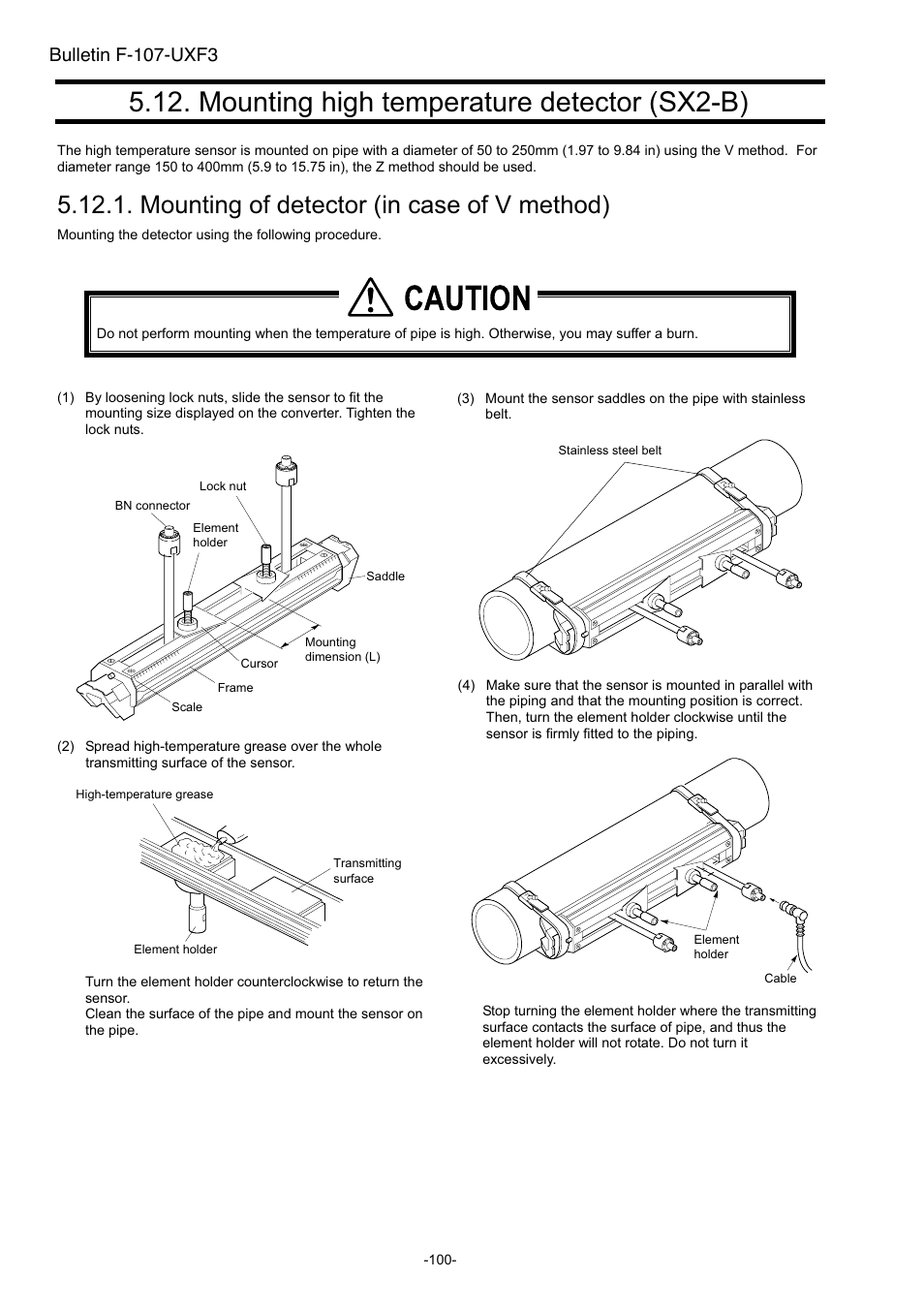 Mounting high temperature detector (sx2-b), Mounting of detector (in case of v method), Caution | Bulletin f-107-uxf3 | Dwyer UXF3 User Manual | Page 108 / 141