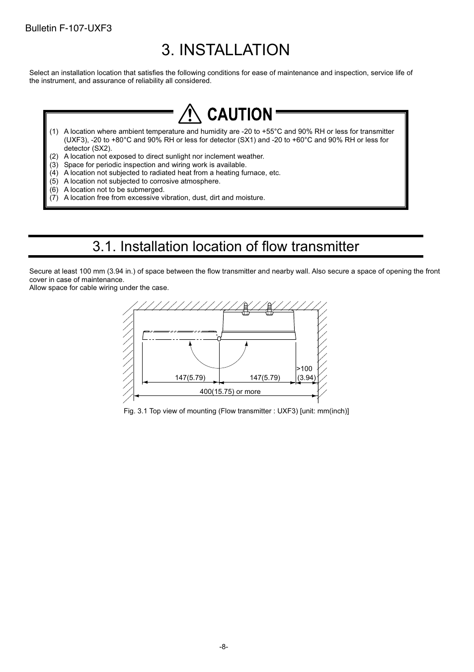 Installation, Installation location of flow transmitter, Caution | Dwyer UXF3 User Manual | Page 16 / 141