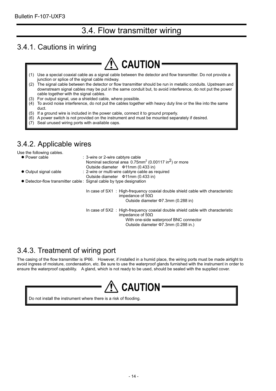 Flow transmitter wiring, Cautions in wiring, Applicable wires | Treatment of wiring port, Bulletin f-107-uxf3 | Dwyer UXF3 User Manual | Page 22 / 141