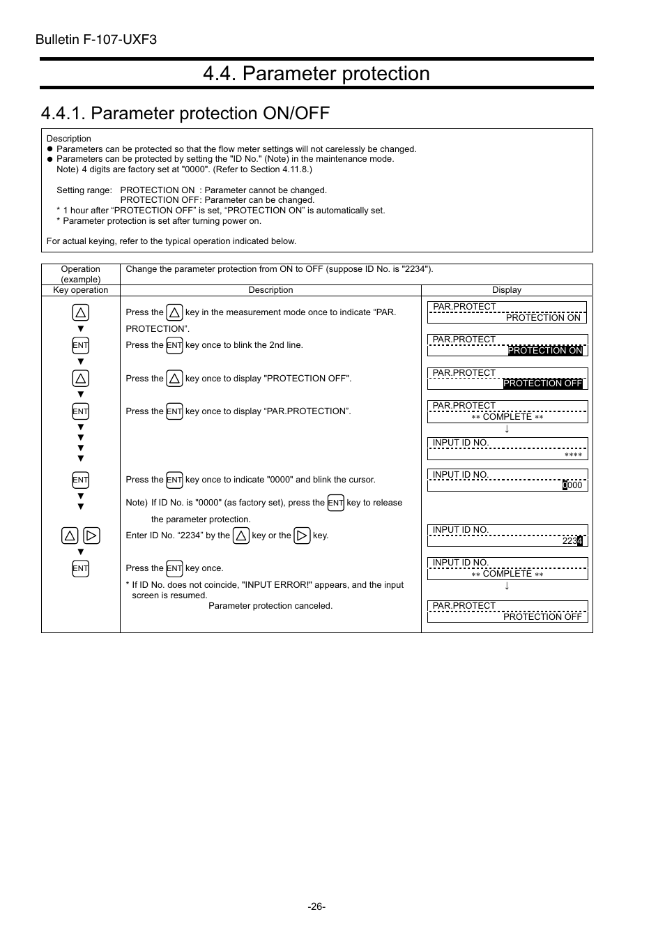 Parameter protection, Parameter protection on/off, Bulletin f-107-uxf3 | Dwyer UXF3 User Manual | Page 34 / 141