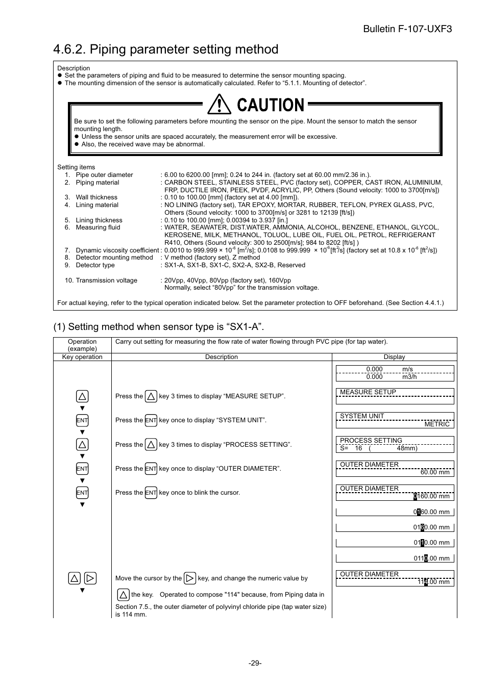 Piping parameter setting method, Caution, 1) setting method when sensor type is “sx1-a | Bulletin f-107-uxf3 | Dwyer UXF3 User Manual | Page 37 / 141