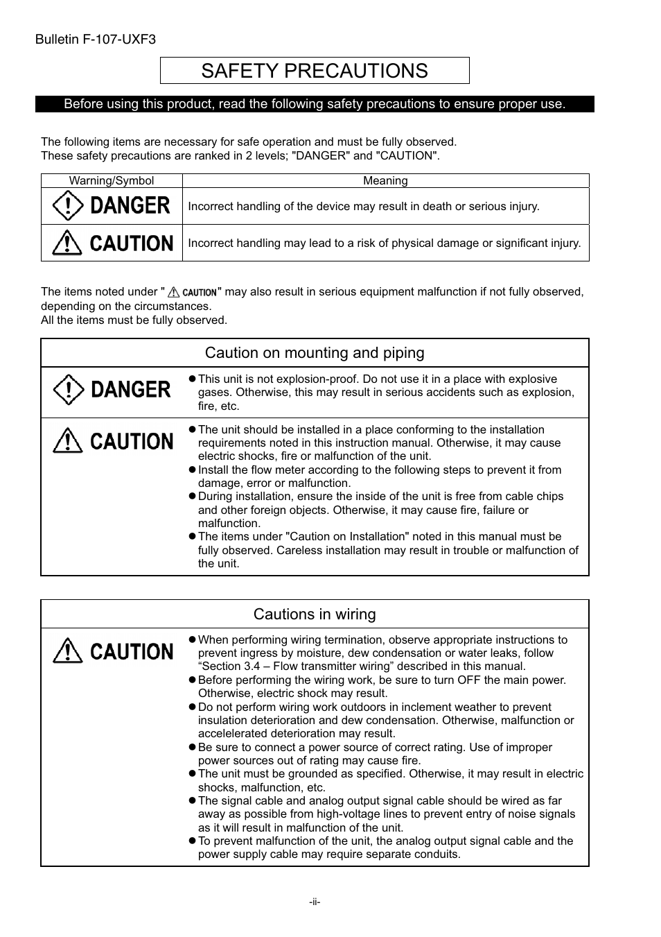 Safety precautions, Caution on mounting and piping, Cautions in wiring | Dwyer UXF3 User Manual | Page 4 / 141