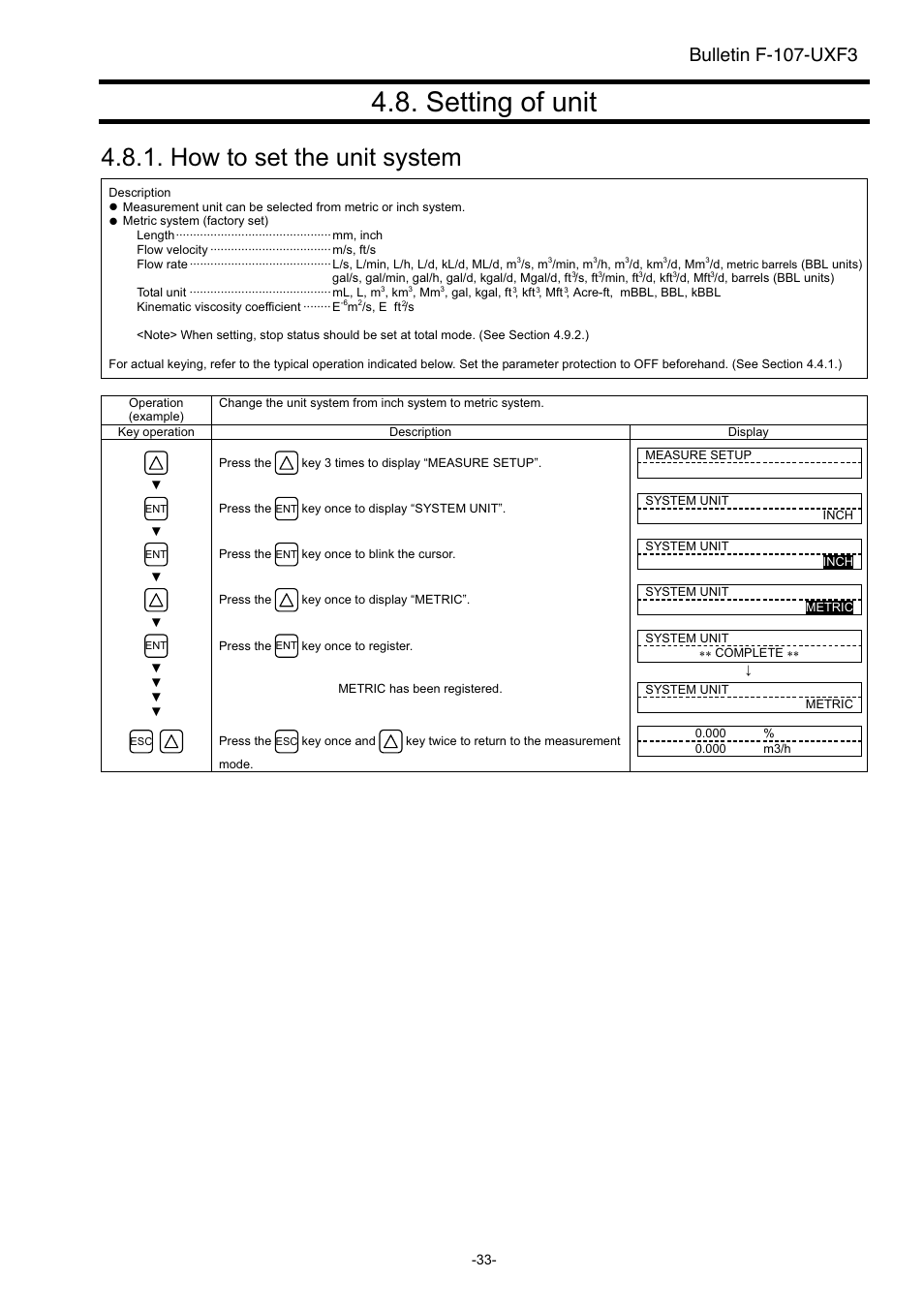 Setting of unit, How to set the unit system, Bulletin f-107-uxf3 | Dwyer UXF3 User Manual | Page 41 / 141