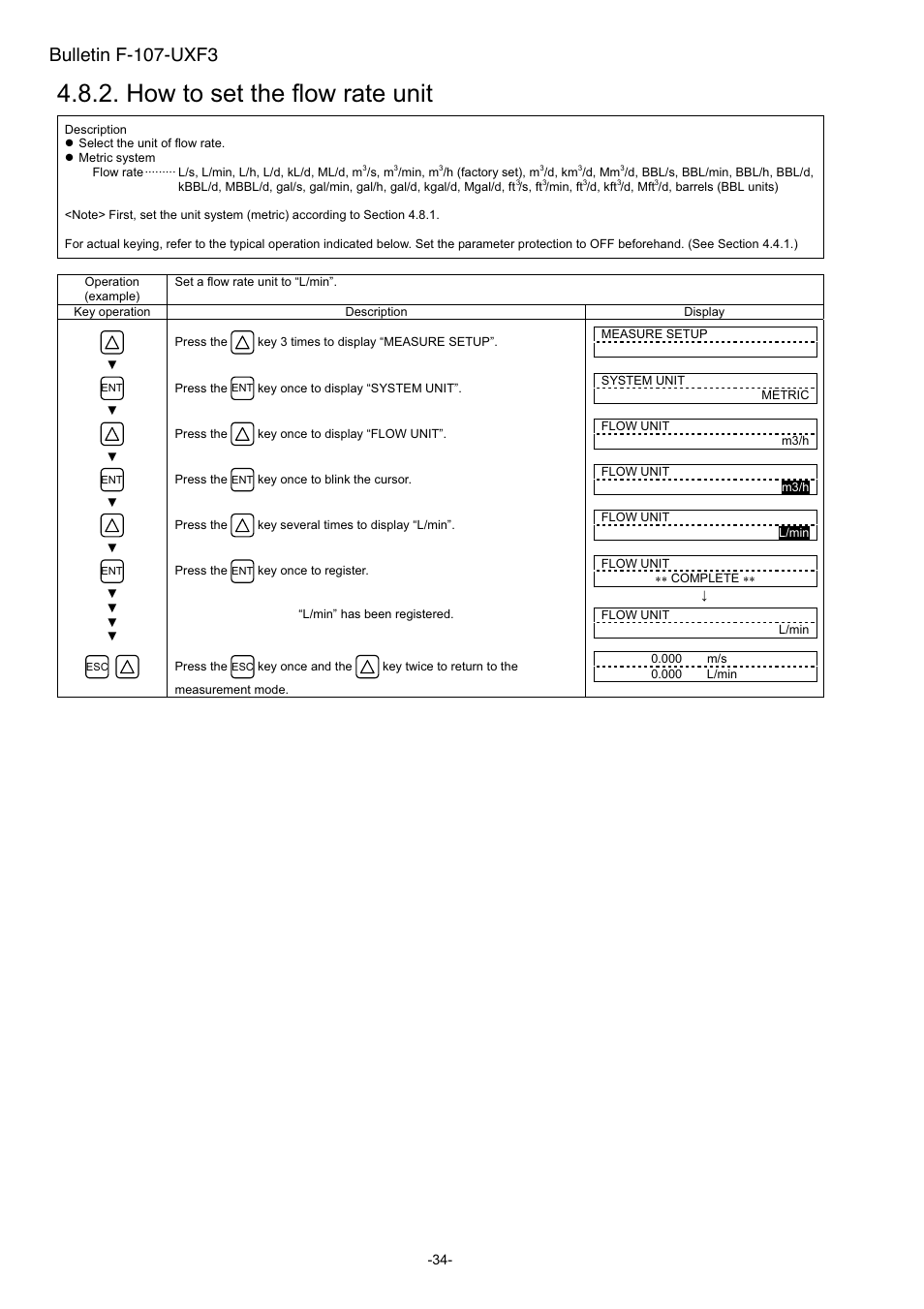 How to set the flow rate unit, Bulletin f-107-uxf3 | Dwyer UXF3 User Manual | Page 42 / 141