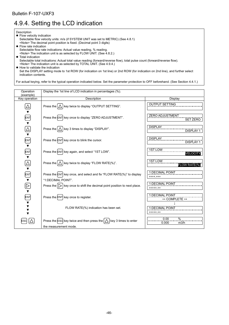 Setting the lcd indication, Bulletin f-107-uxf3 | Dwyer UXF3 User Manual | Page 54 / 141