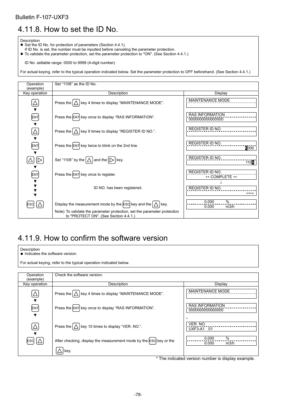 How to set the id no, How to confirm the software version, Bulletin f-107-uxf3 | Dwyer UXF3 User Manual | Page 86 / 141