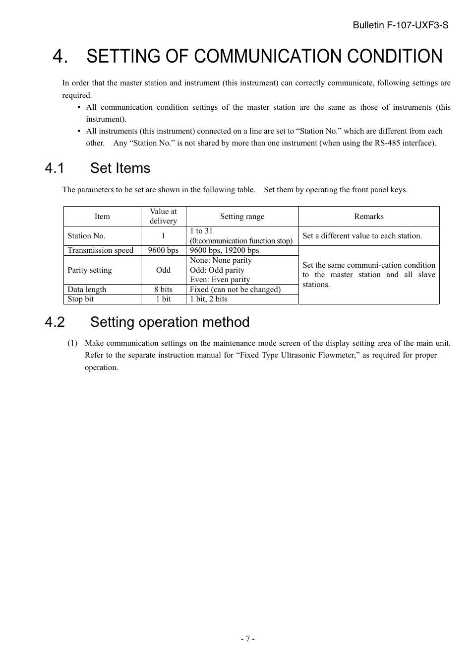 Setting of communication condition, Set items, Setting operation method | 1 set items, 2 setting operation method | Dwyer UXF3 User Manual | Page 11 / 73