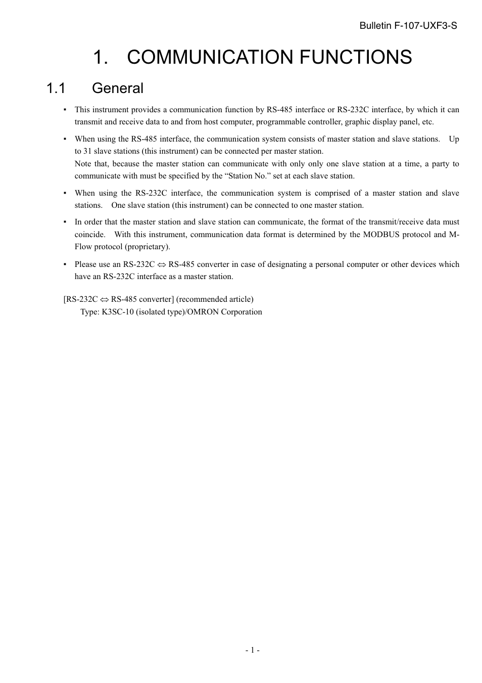 Communication functions, General, 1 general | Dwyer UXF3 User Manual | Page 5 / 73