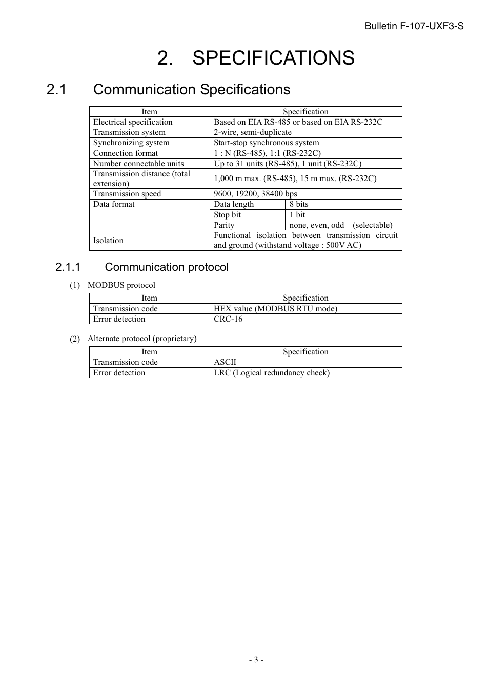 Specifications, Communication specifications, 1 communication specifications | 1 communication protocol | Dwyer UXF3 User Manual | Page 7 / 73