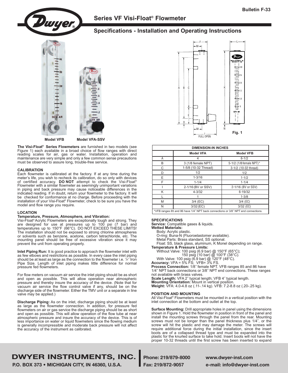 Dwyer VFB User Manual | 2 pages