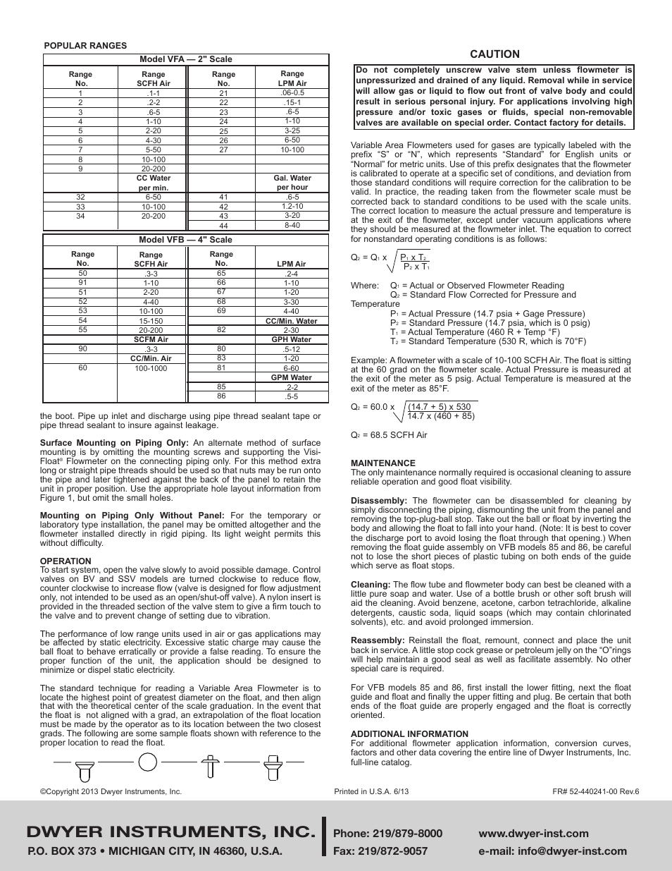 Dwyer instruments, inc, Caution | Dwyer VFB User Manual | Page 2 / 2