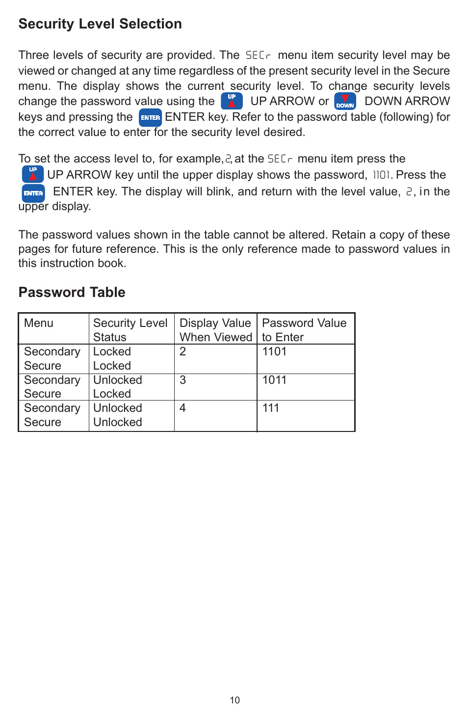 Security level selection, Password table | Dwyer MPCJR User Manual | Page 11 / 28