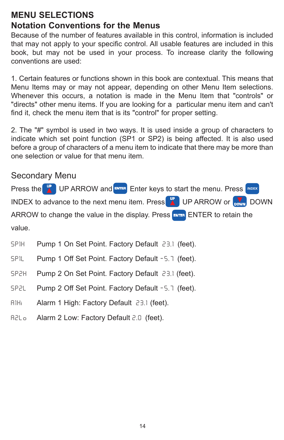 Menu selections notation conventions for the menus, Secondary menu | Dwyer MPCJR User Manual | Page 15 / 28