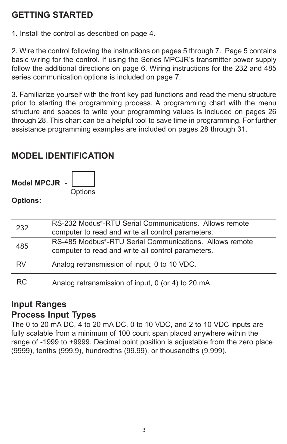 Getting started, Model identification, Input ranges process input types | Dwyer MPCJR User Manual | Page 4 / 28