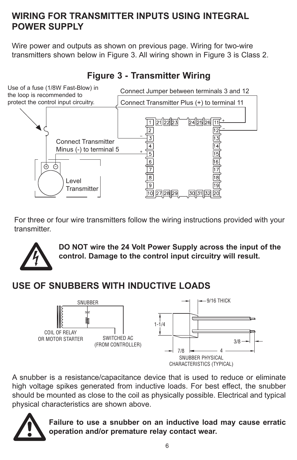 Figure 3 - transmitter wiring, Use of snubbers with inductive loads | Dwyer MPCJR User Manual | Page 7 / 28