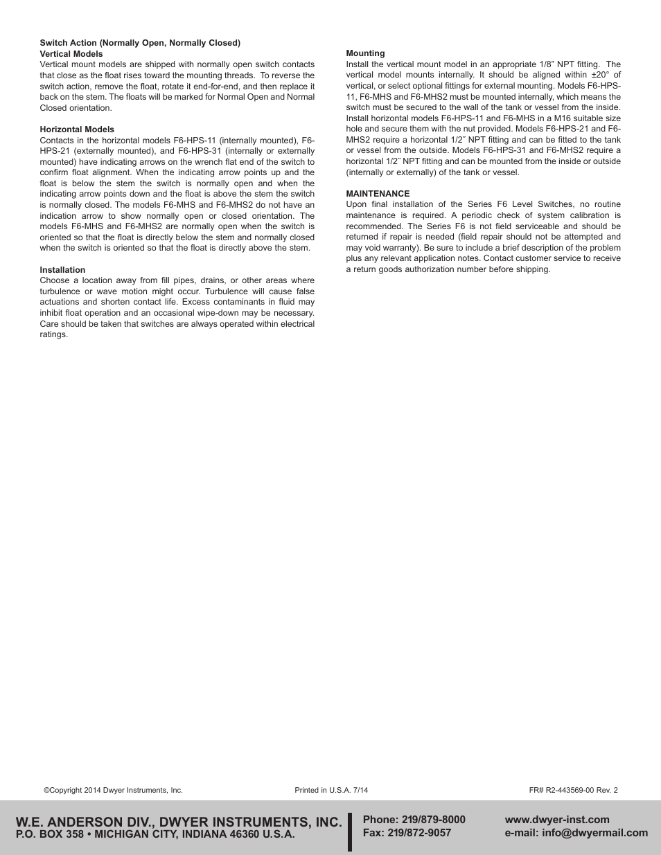 W.e. anderson div., dwyer instruments, inc | Dwyer F6 User Manual | Page 2 / 2