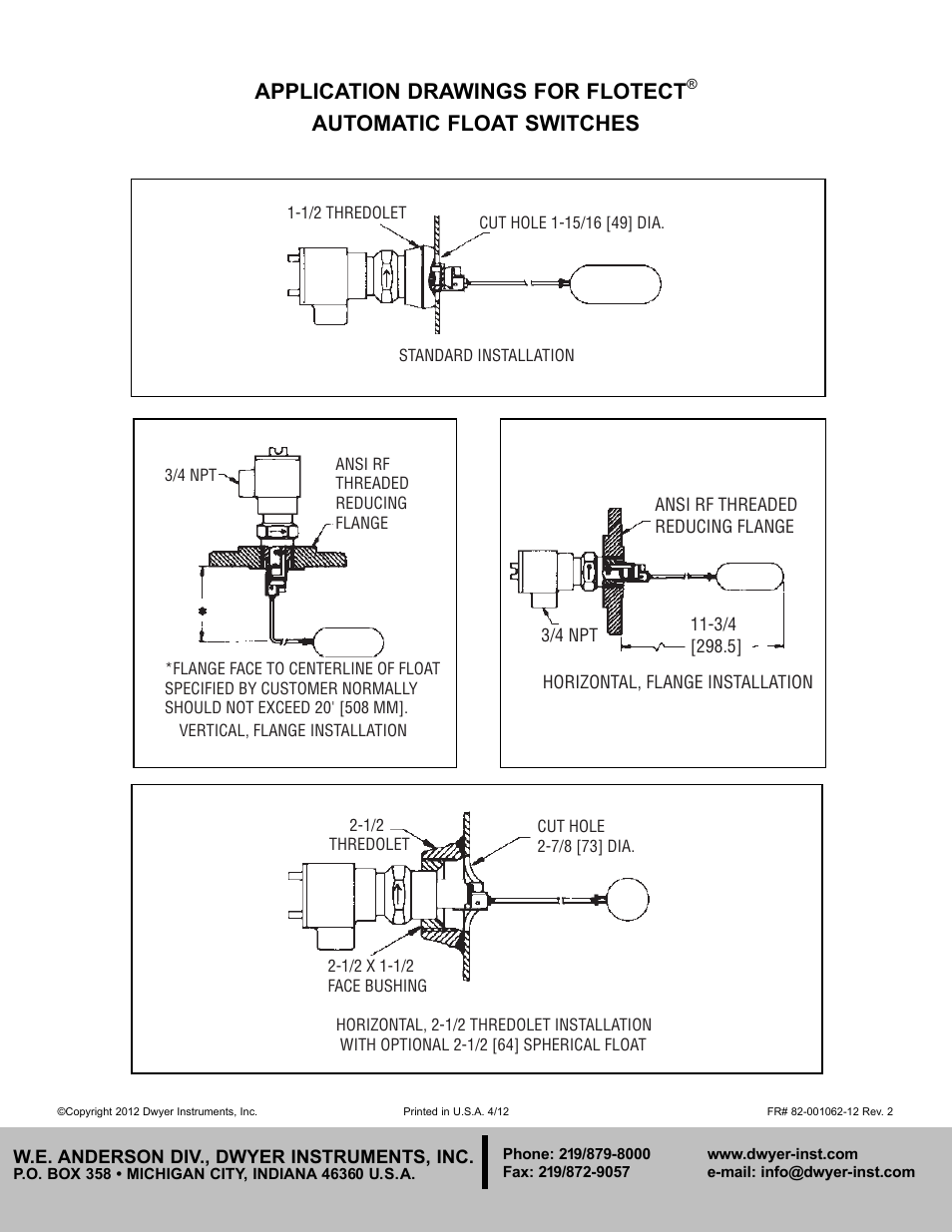 Application drawings for flotect, Automatic float switches | Dwyer L4 User Manual | Page 4 / 4