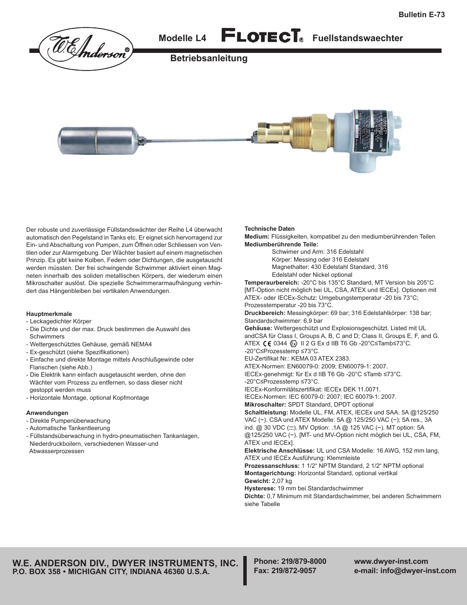 Betriebsanleitung fuellstandswaechter, Modelle l4, W.e. anderson div., dwyer instruments, inc | Dwyer L4 User Manual | Page 5 / 16