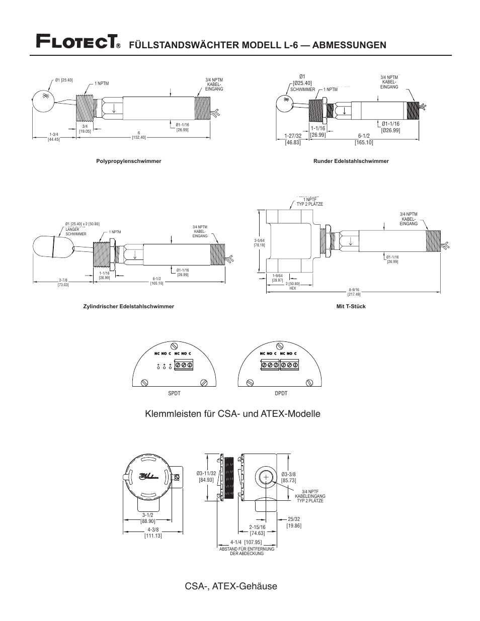 Füllstandswächter modell l-6 — abmessungen, Csa-, atex-gehäuse, Klemmleisten für csa- und atex-modelle | Dwyer L6 User Manual | Page 11 / 16