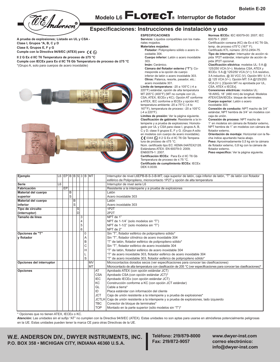 Modelo l6, W.e. anderson div., dwyer instruments, inc, Boletín e-20 | Dwyer L6 User Manual | Page 13 / 16