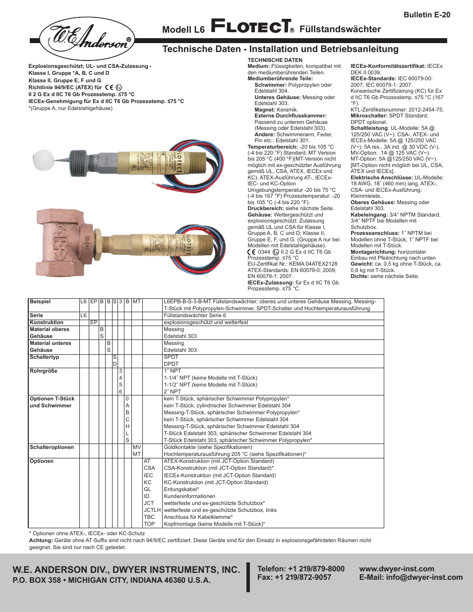 Modell l6, Bulletin e-20 | Dwyer L6 User Manual | Page 9 / 16