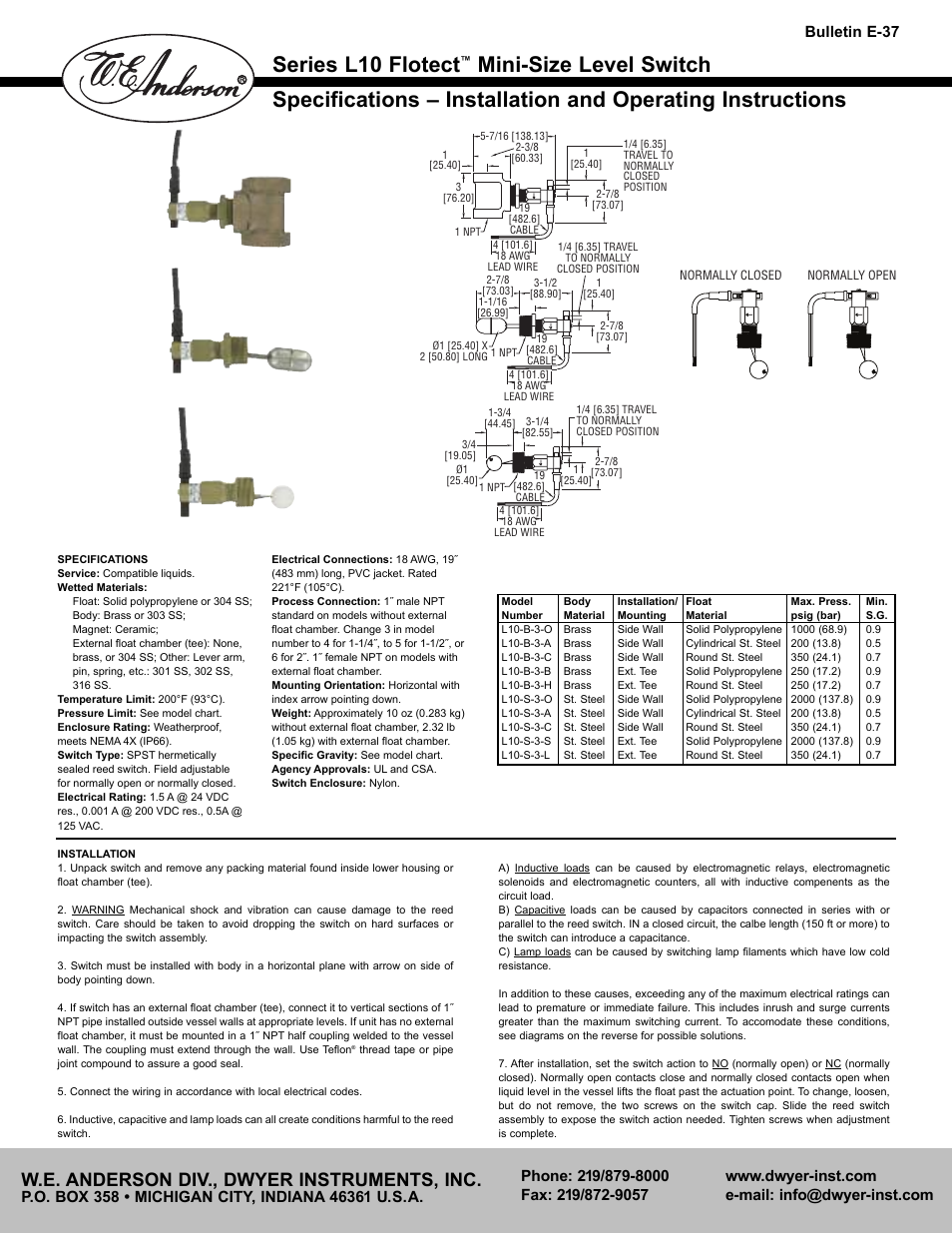 Dwyer L10 User Manual | 2 pages