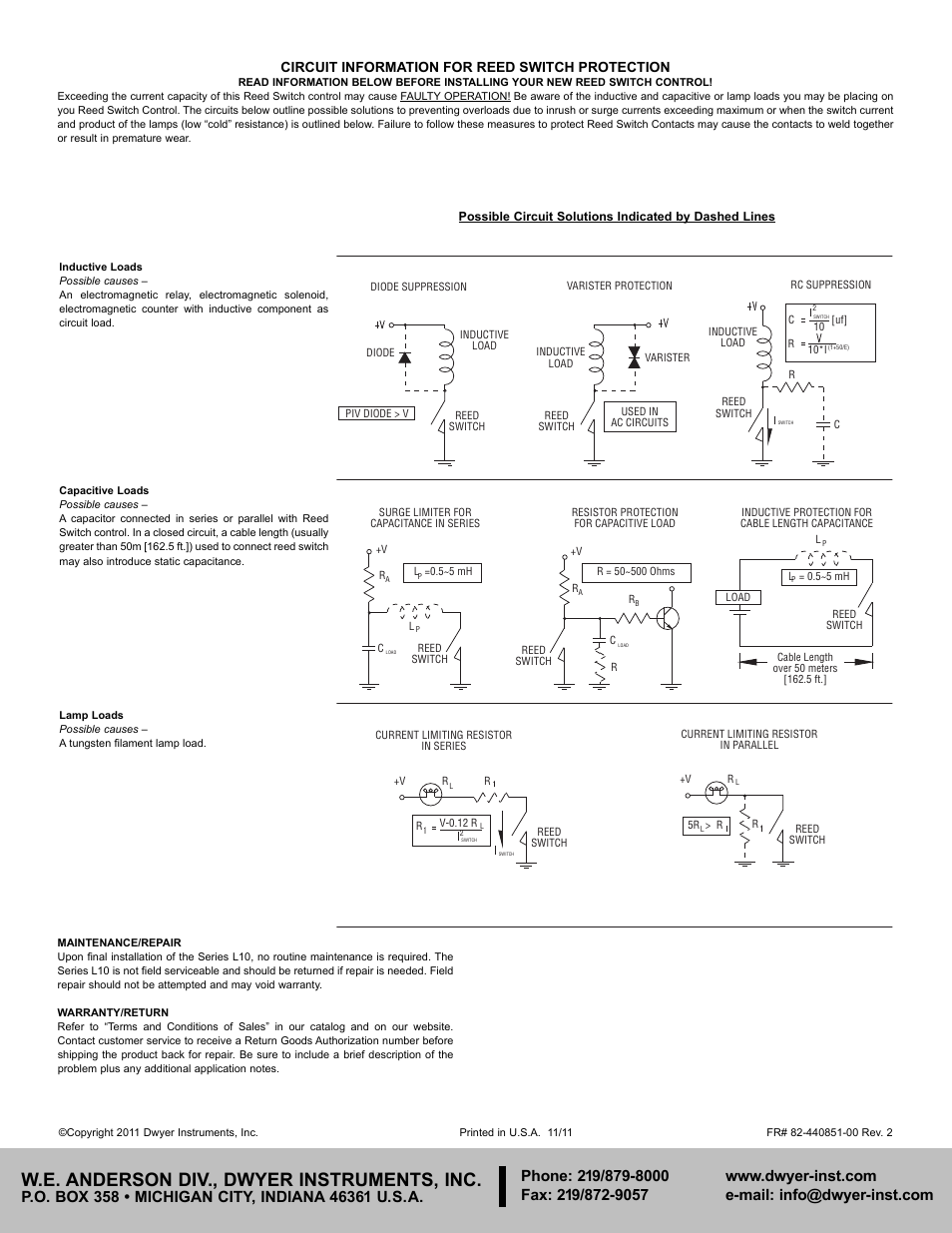 W.e. anderson div., dwyer instruments, inc, Circuit information for reed switch protection | Dwyer L10 User Manual | Page 2 / 2