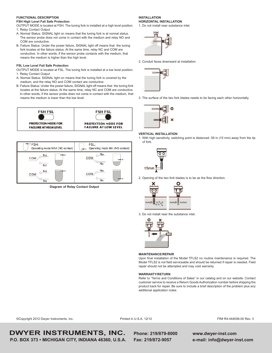 Dwyer instruments, inc | Dwyer TFLS2 User Manual | Page 2 / 2