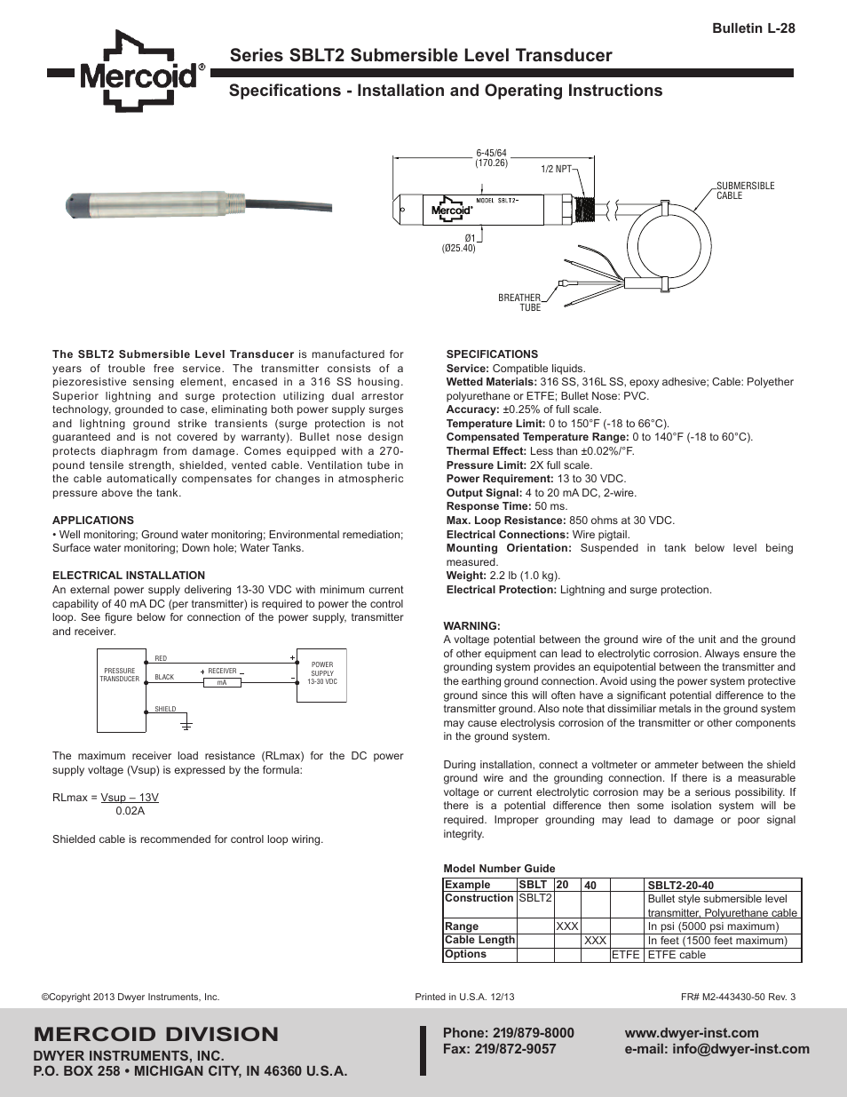 Dwyer SBLT2 User Manual | 1 page