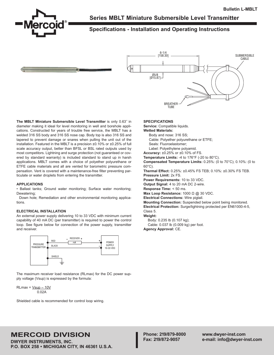 Dwyer MBLT User Manual | 2 pages