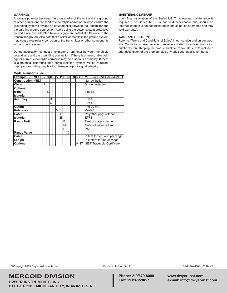 Mercoid division | Dwyer MBLT User Manual | Page 2 / 2