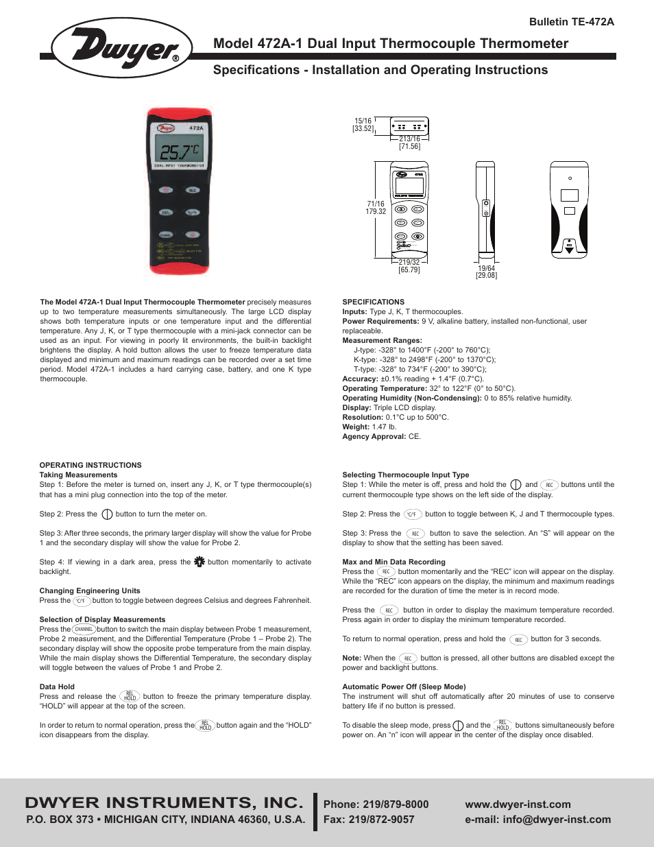 Dwyer 472A-1 User Manual | 2 pages