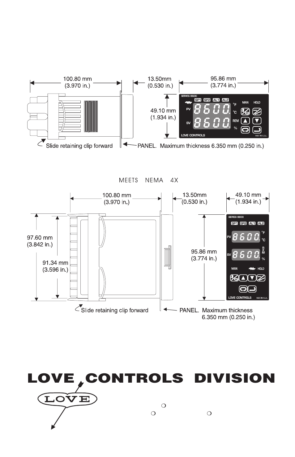 Love controls division, Dimensions | Dwyer 8600 User Manual | Page 40 / 40