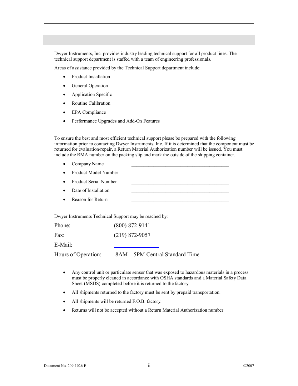 I. technical support & return procedure | Dwyer PMT User Manual | Page 2 / 34