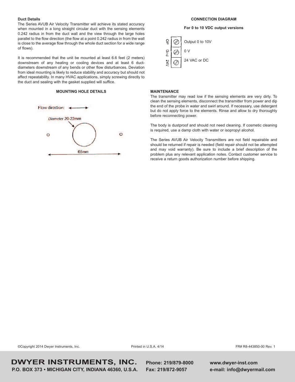 Dwyer instruments, inc | Dwyer AVUB User Manual | Page 2 / 2