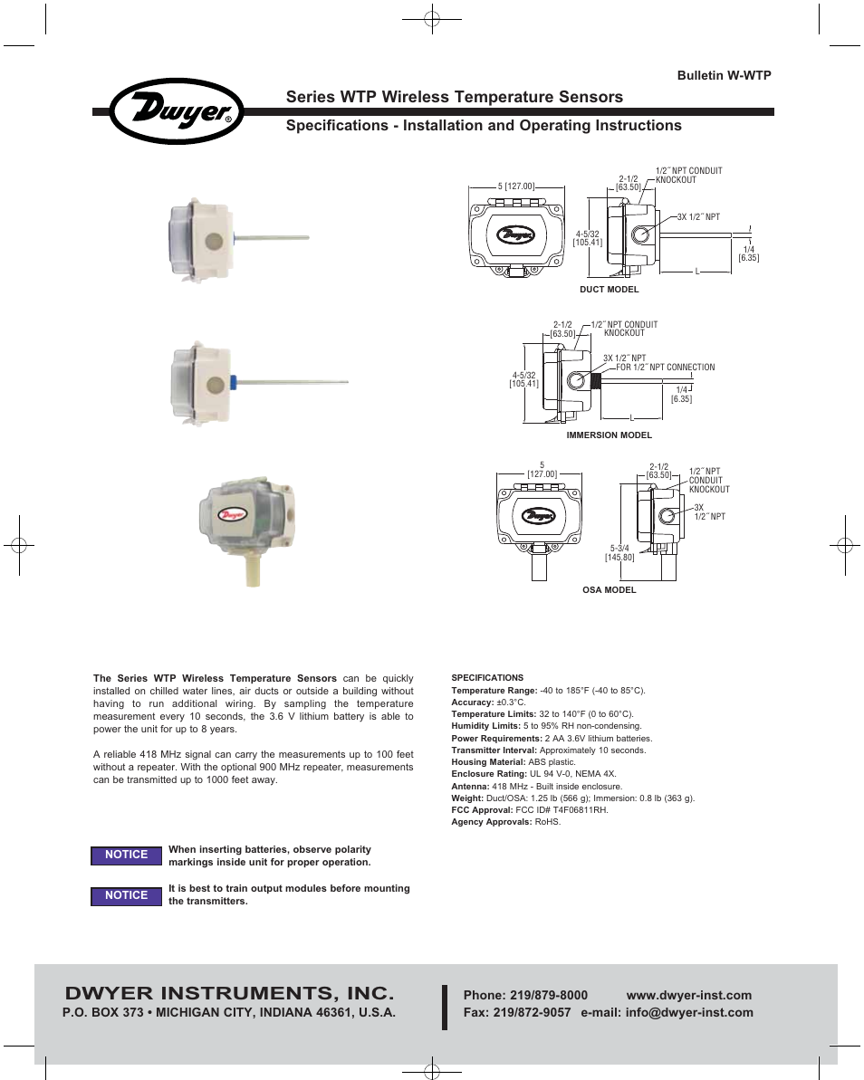 Dwyer WTP User Manual | 2 pages