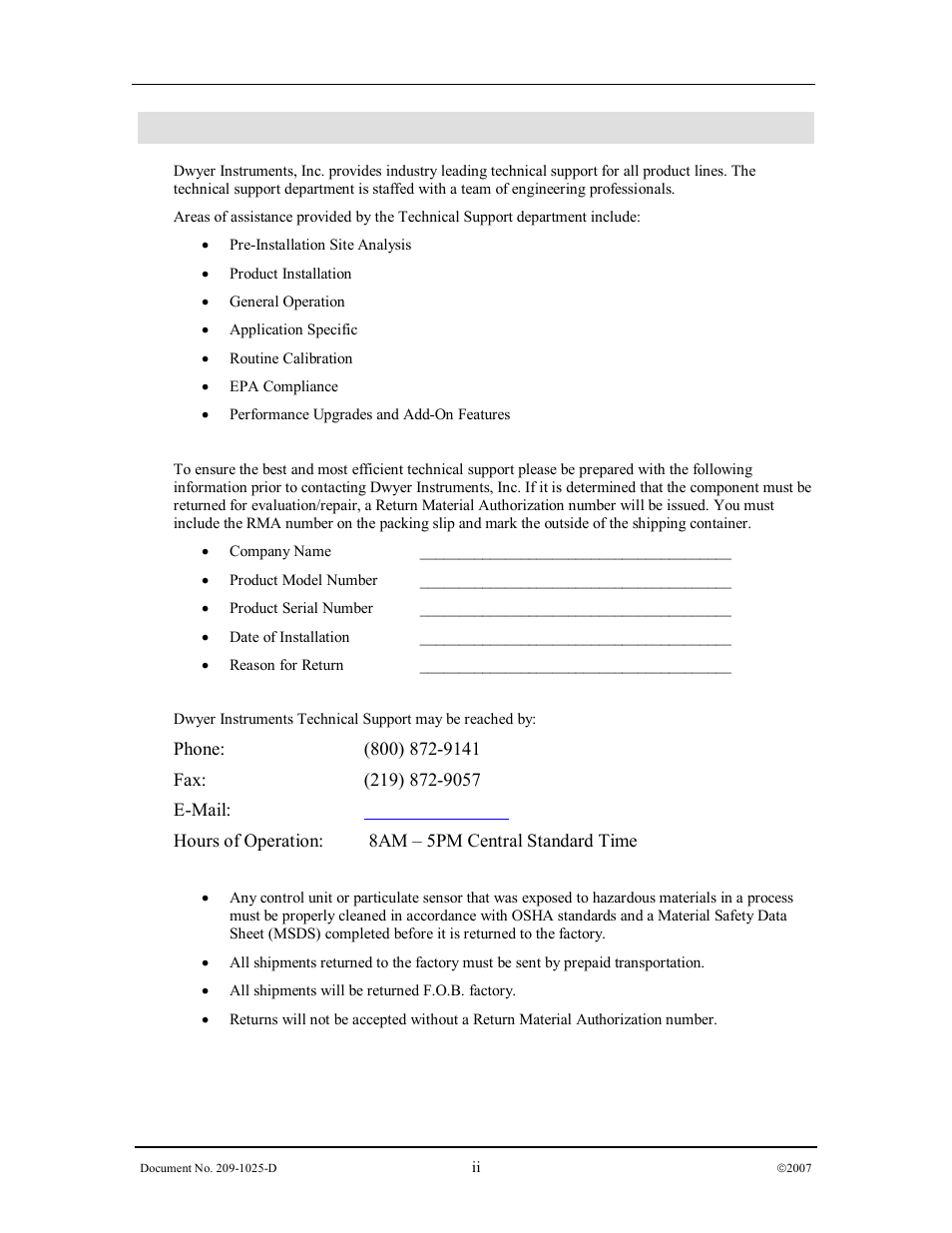 I. technical support & return procedure | Dwyer DPM User Manual | Page 2 / 54