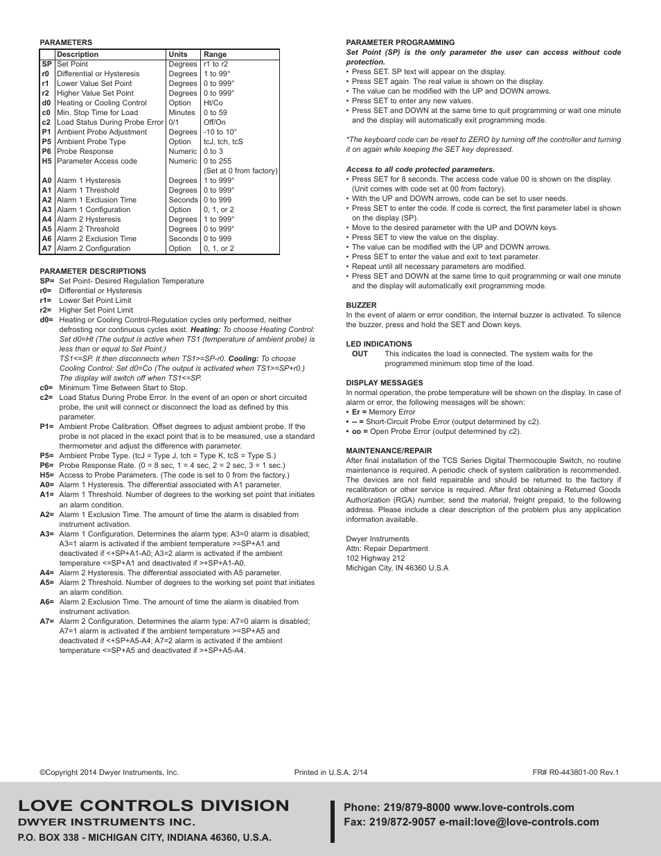 Love controls division | Dwyer TCS User Manual | Page 2 / 2