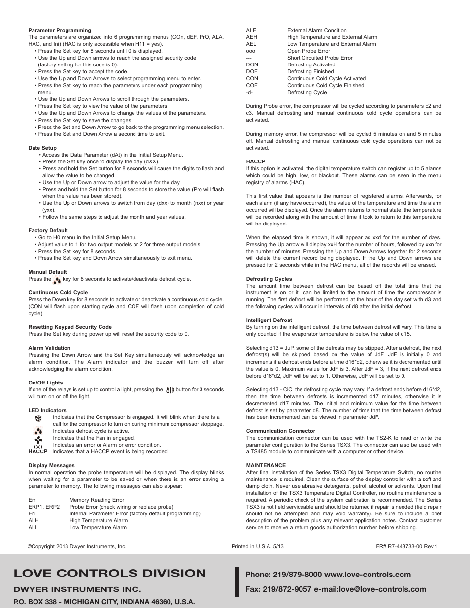 Love controls division, Dwyer instruments inc | Dwyer TSX3 User Manual | Page 4 / 4