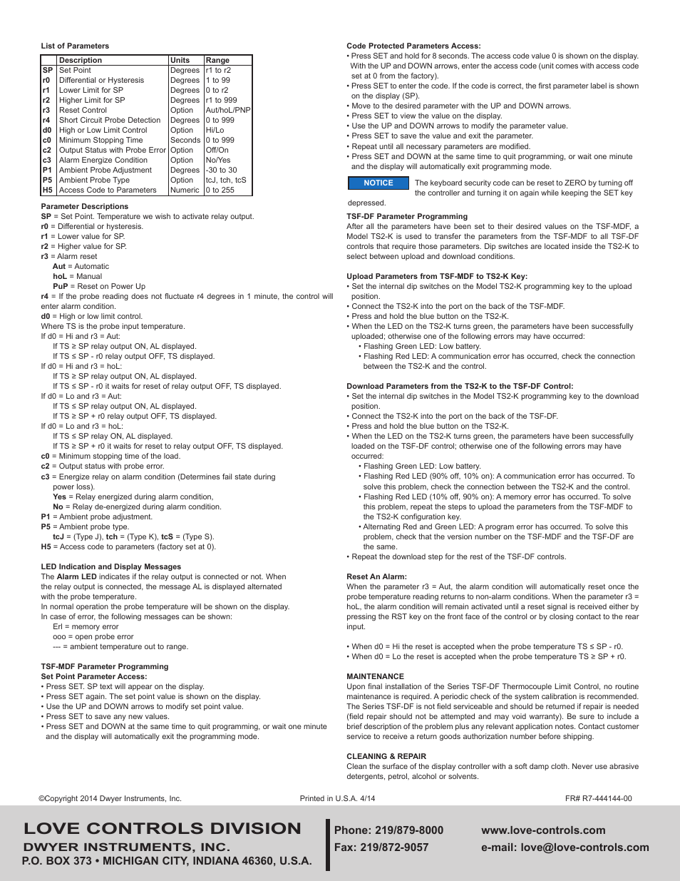 Love controls division | Dwyer TSF-DF User Manual | Page 2 / 2